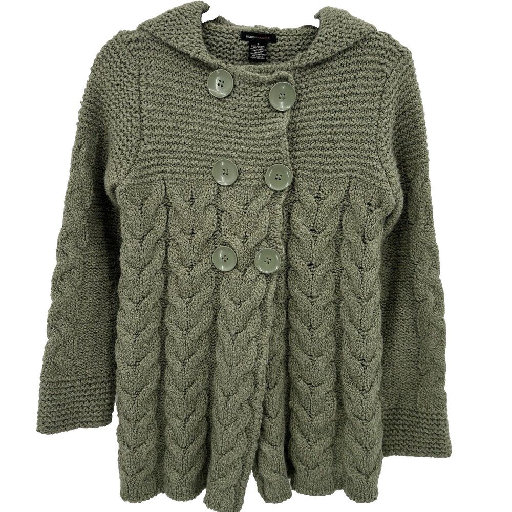 BCBGMaxAzria Womens S Green Chunky Knit Sweater Hoodie Y2K Grunge Cottagecore